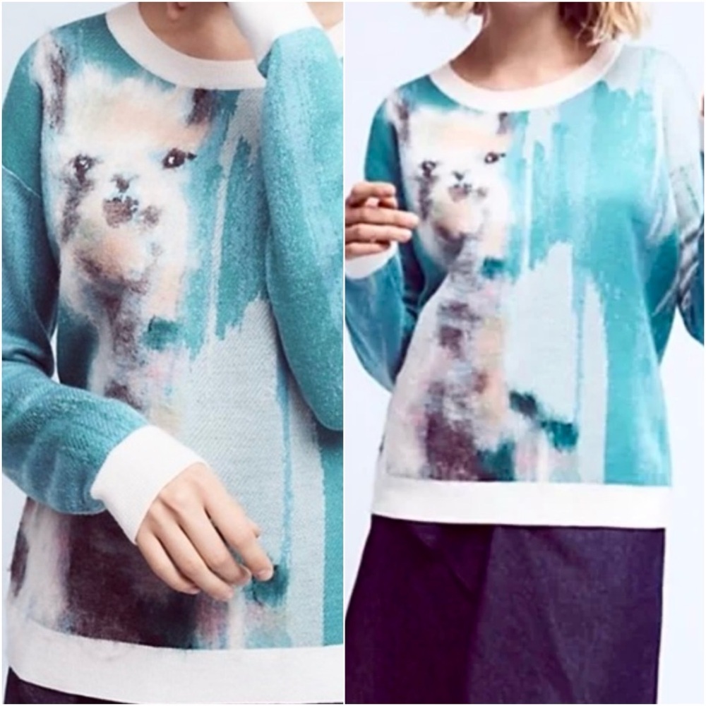 Anthropologie Llama Abstract Watercolor Turquoise Blue Pullover Sweater Small